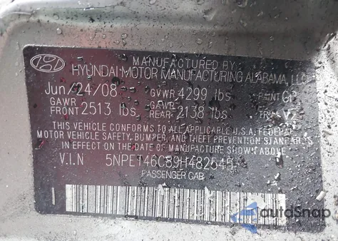 2009 Hyundai Sonata Gls from USA, damaged, VIN 5NPET46C89H482545